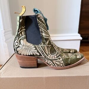 Pskaufman Embroidered Olive Green Velvet Chelsea Ankle Boots